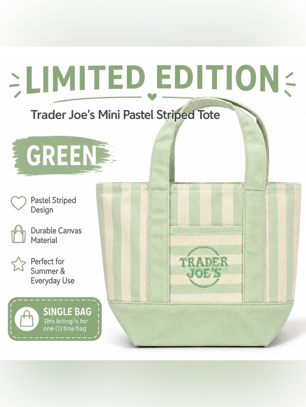 NWT Trader Joe Limited Edition Pastel Green Striped Mini Tote summer 2026